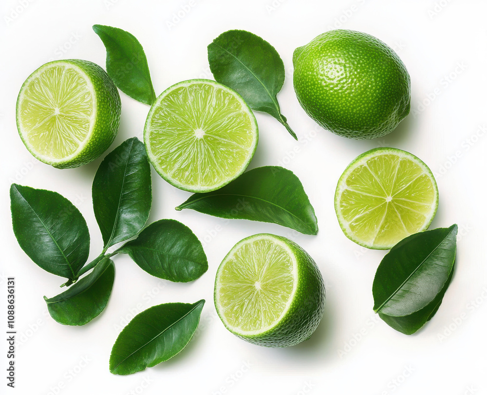 Fresh limes and green leaves arranged on white background, showcasing vibrant colors and textures. Perfect for culinary or health related themes Fresh limes and green leaves arranged on white background, showcasing vibrant colors and textures. Perfect for culinary or health related themes