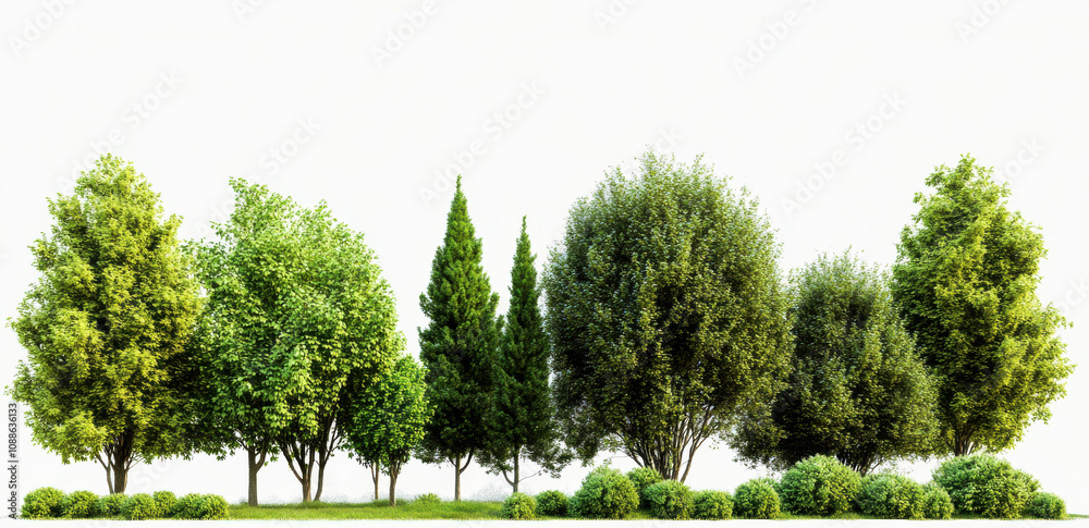 variety of lush green trees and shrubs in natural setting, showcasing different shapes and sizes, creating serene and vibrant landscape variety of lush green trees and shrubs in natural setting, showcasing different shapes and sizes, creating serene and vibrant landscape