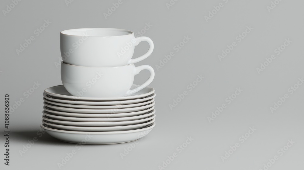 Stacked White Porcelain Cups Saucers Minimalist Kitchenware Still Life Stacked White Porcelain Cups Saucers Minimalist Kitchenware Still Life