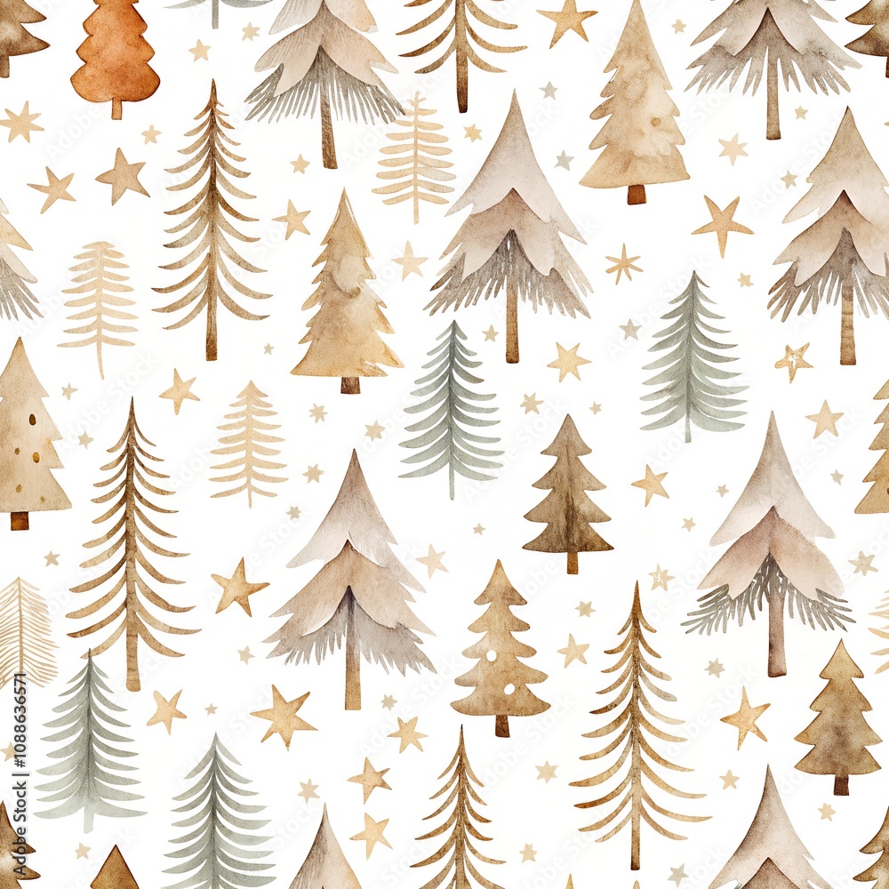 Fototapeta premium Serene Scandinavian Christmas Watercolor Pattern with Minimalist Trees and Stars in Neutral Tones Soft Textured Seamless Background Design for Holiday Decor and Festive Mood