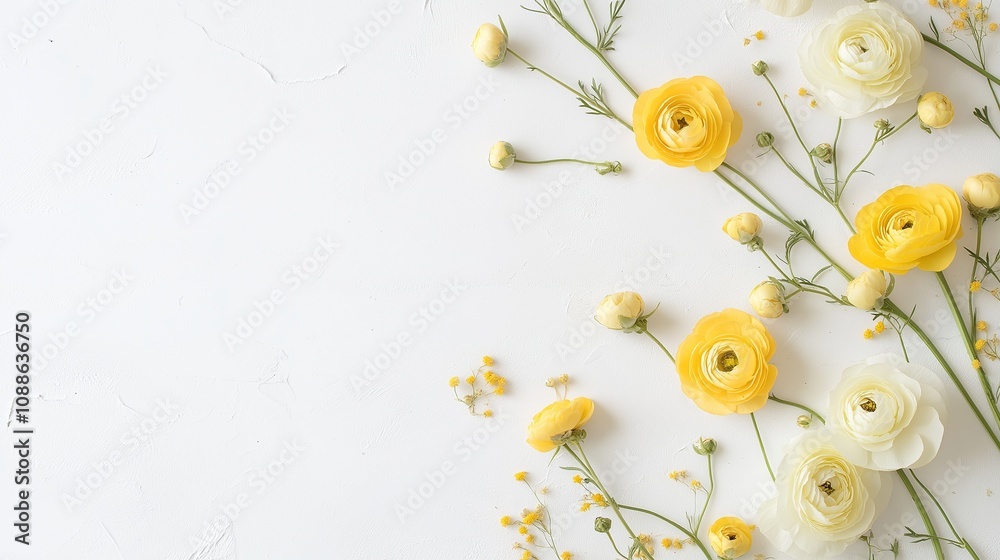 Fototapeta premium Floral frame made of yellow ranunculus flower. Copy space.