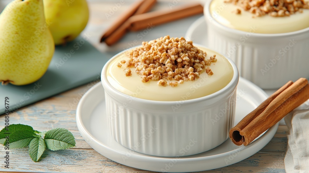 Delicious Pear Oat Crumble Dessert in White Ramekins Delicious Pear Oat Crumble Dessert in White Ramekins