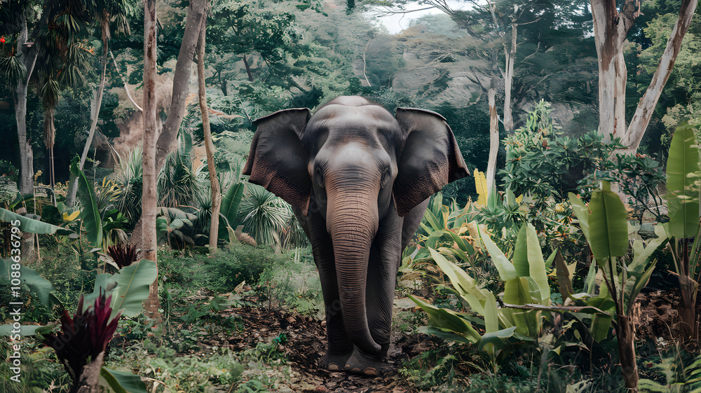 Fototapeta premium Huge elephant walking in the jungle, surrounded by exotic plants and trees. 