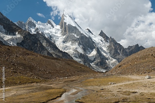 View of Laila Peak 6,096 meters high from Gondogoro glacier near Chuspang camp. Karakoram Mountains. Gilgit-Baltistan region. Pakistan. Asia.