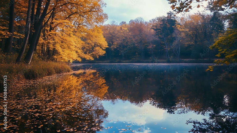 Obraz premium Autumn lake reflection. Golden trees and tranquil water.