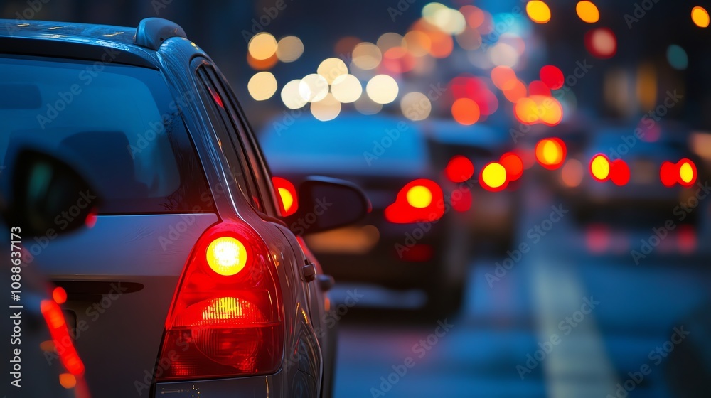 Cars are stopped in traffic in the city at dusk. Cars are stopped in traffic in the city at dusk.
