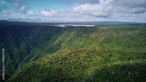 Aerial view of Black River Gorges, the last native forest on Mauritius Island, Africa