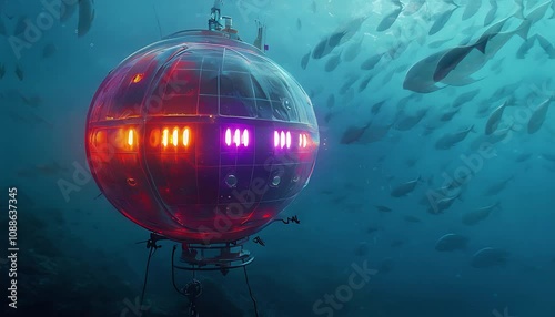 Futuristic underwater vessel exploring vibrant coral reef, with panoramic dome view and surrounded by colorful fish in the ocean