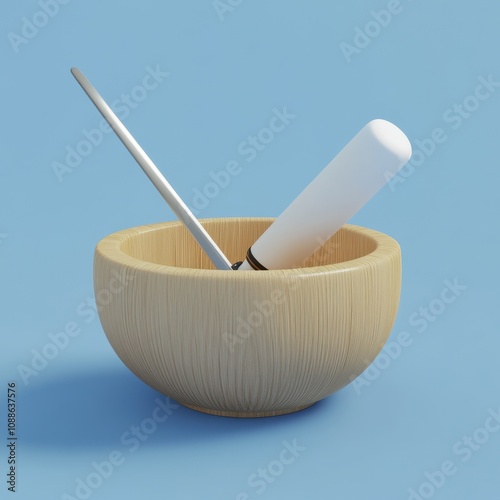 Wooden Bowl with Utensils on a Minimalist Blue Background