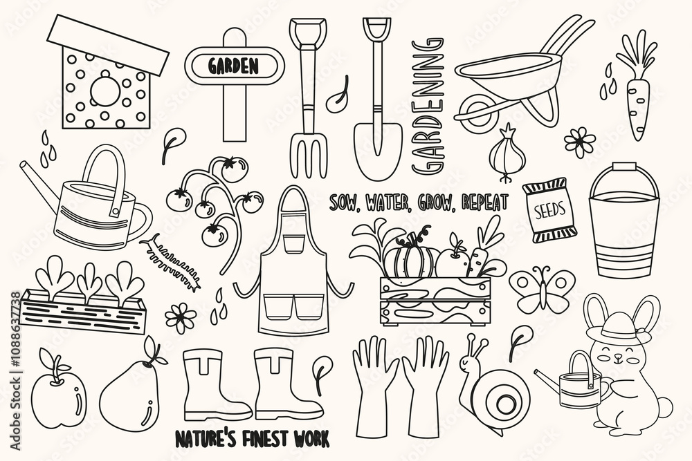 Obraz premium Сollection gardening cute elements outline
