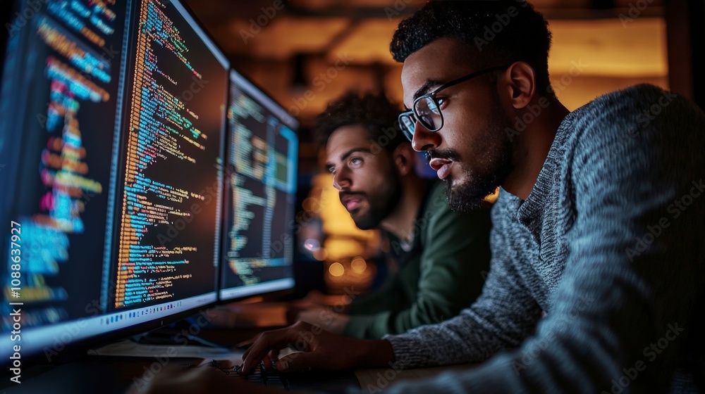 In a dark environment, two men focus intently on their screens filled with colorful code, showcasing an intense coding session that highlights teamwork in a tech-driven world. In a dark environment, two men focus intently on their screens filled with colorful code, showcasing an intense coding session that highlights teamwork in a tech-driven world.