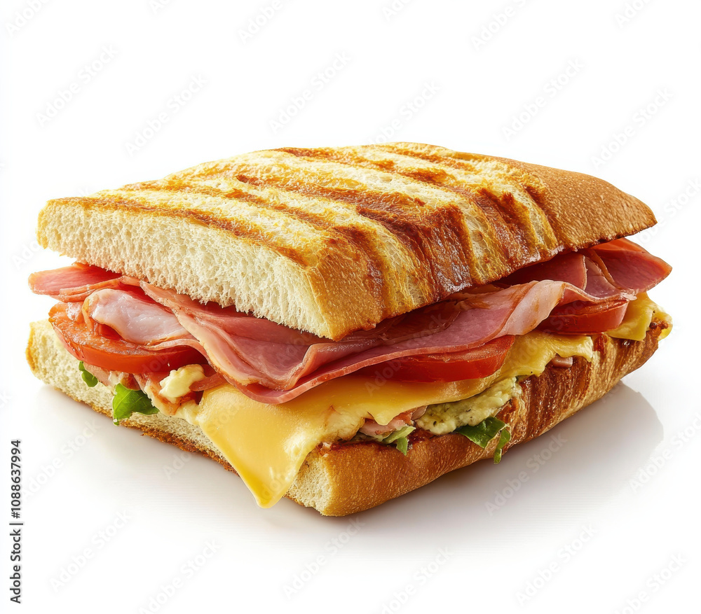 Delicious grilled sandwich with ham, cheese, and fresh vegetables Delicious grilled sandwich with ham, cheese, and fresh vegetables