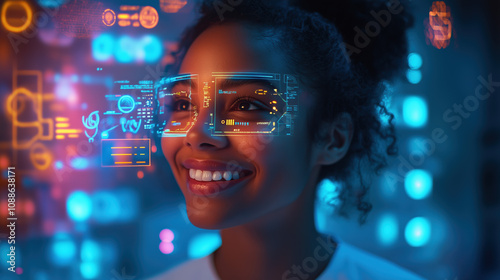 Smiling Patient Receiving Holographic Prescription with Vibrant Medical Icons and Interactive Details Displayed Around in Futuristic Health Setting photo