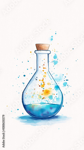 Watercolor illustrations of laboratory glassware with colorful chemical reactions, celebrating International Day of Women and Girls in Science, emphasizing creativity, STEM education, and scientific