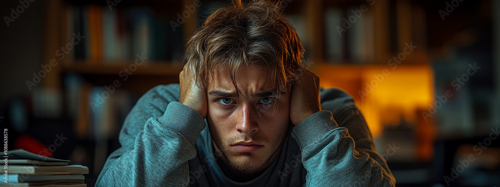 A young man sits at a desk, holding his head in frustration as he struggles with studying in a cluttered, dimly lit room surrounded by stacks of books A young man sits at a desk, holding his head in frustration as he struggles with studying in a cluttered, dimly lit room surrounded by stacks of books