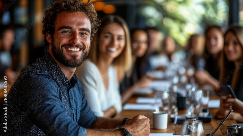 A group of professionals gathers around a table in a modern restaurant, engaged in conversation and enjoying their time together during the evening A group of professionals gathers around a table in a modern restaurant, engaged in conversation and enjoying their time together during the evening