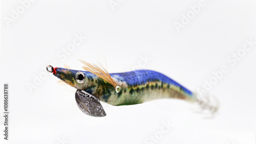 An Egi ,in this picture predominantly blue color, its a fake lure for squid and cuttlefish a fishing lure for casting and spinning