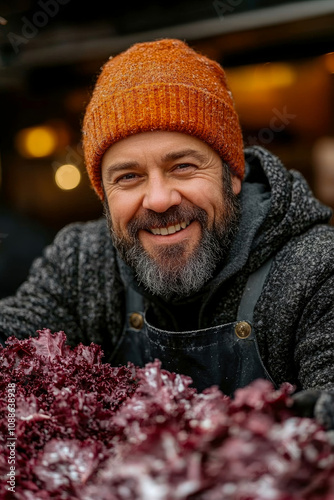 A farmer with a warm smile showcases lush purple lettuce at a bustling market, illuminated by soft evening light during autumn photo