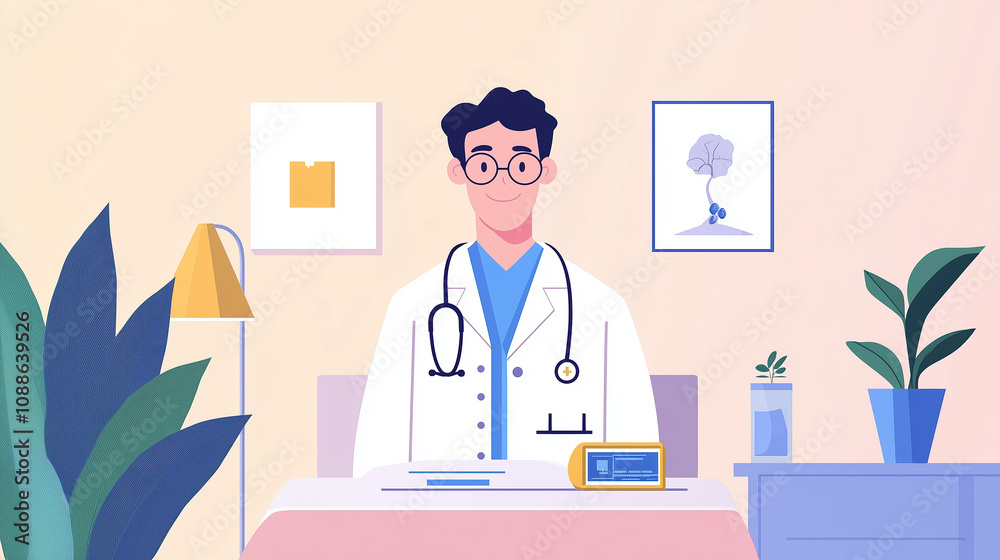 2D illustration of A doctor with stethoscope in clinic 2D illustration of A doctor with stethoscope in clinic