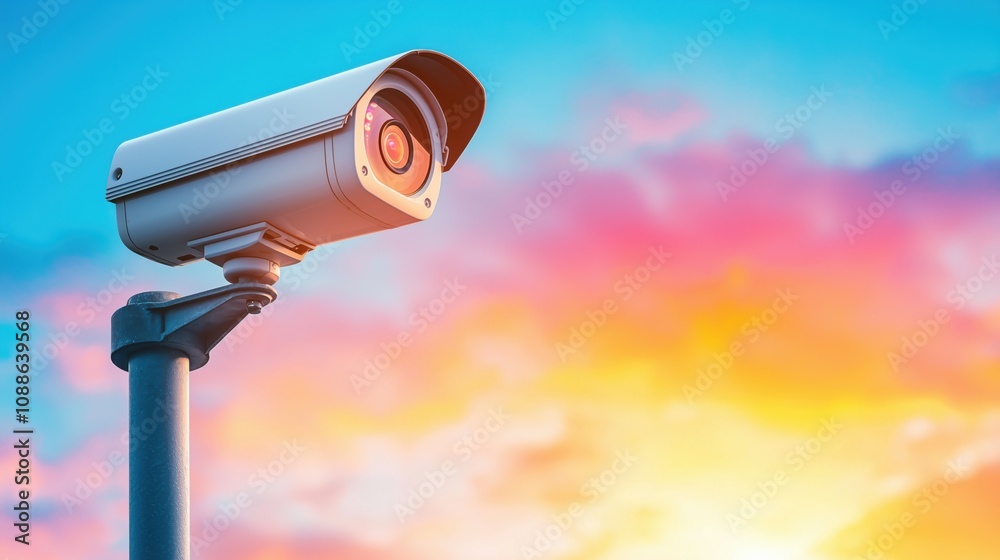 Security Camera Silhouette at Sunset: Dramatic Low-Angle View Security Camera Silhouette at Sunset: Dramatic Low-Angle View