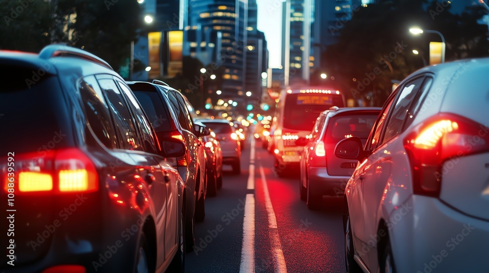 Cars are stopped in traffic in the city at dusk. Cars are stopped in traffic in the city at dusk.