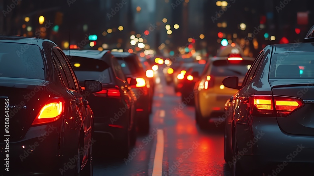 Cars are stopped in traffic in the city at dusk.