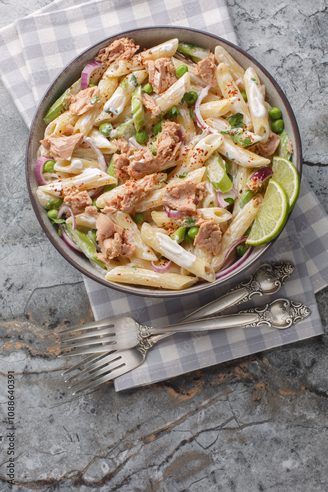 Creamy Tuna Pasta Salad with green peas, onion, celery and yogurt dressing closeup on the plate on the table. Vertical top view from above