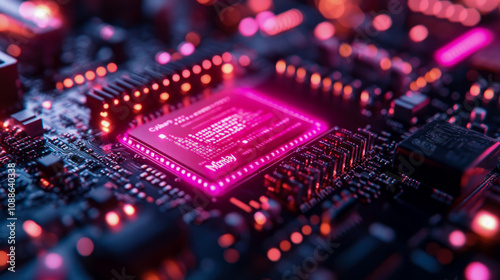 A microchip emits vivid pink light on a dark circuit board filled with intricate components, showcasing advanced technology in low-light conditions