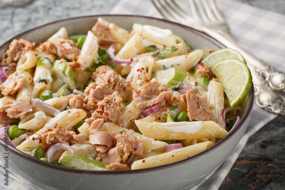 Creamy canned tuna salad with penne pasta, green peas, red onion and celery close-up in a plate on the table. Horizontal Creamy canned tuna salad with penne pasta, green peas, red onion and celery close-up in a plate on the table. Horizontal