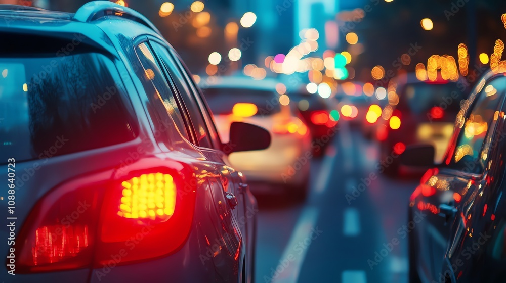 Cars are stopped in traffic in the city at dusk. Cars are stopped in traffic in the city at dusk.