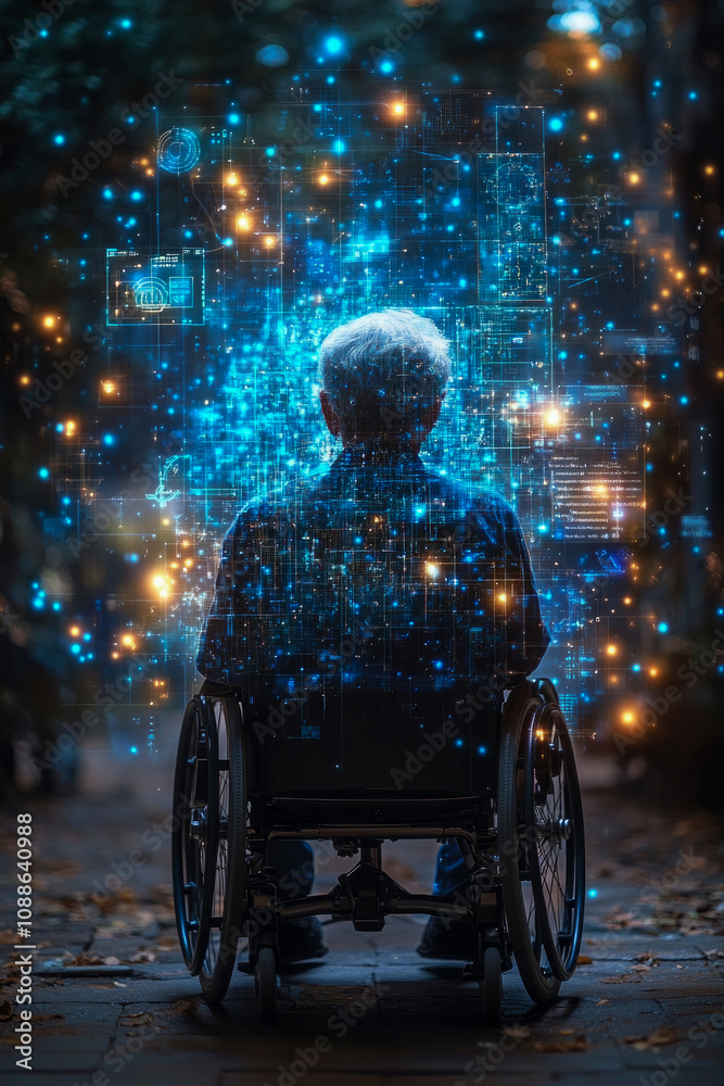 Obraz premium An elderly individual in a wheelchair gazes at vibrant digital patterns and lights in a city setting, reflecting on technology and life