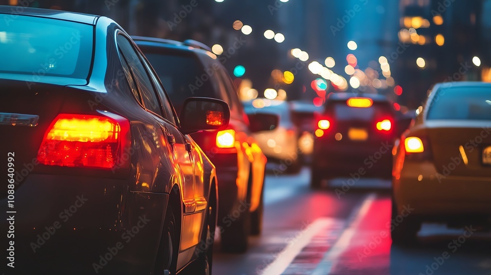 Cars are stopped in traffic in the city at dusk. Cars are stopped in traffic in the city at dusk.