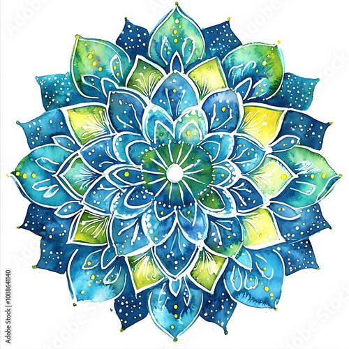 Watercolor Mandala Teal, Green, and Yellow Floral Design.  A vibrant and intricate watercolor painting of a circular mandala pattern featuring teal, green, and yellow hues.
