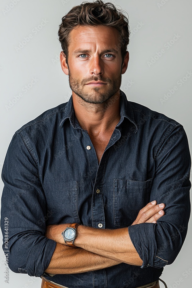 Handsome man in casual denim shirt with confident pose and stylish watch Handsome man in casual denim shirt with confident pose and stylish watch