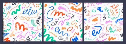 Scribble pattern set. Seamless doodle texture with colorful squiggles and freehand line drawings. Abstract modern background for fabric, wrapping, textile design. Kids hand-drawn vector illustration