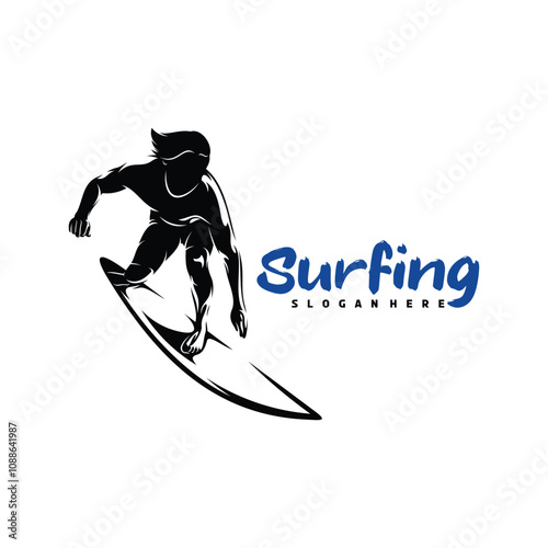 Silhouette surfing logo vector illustration design. suitable for water sports themes, beach activity, or surf logo