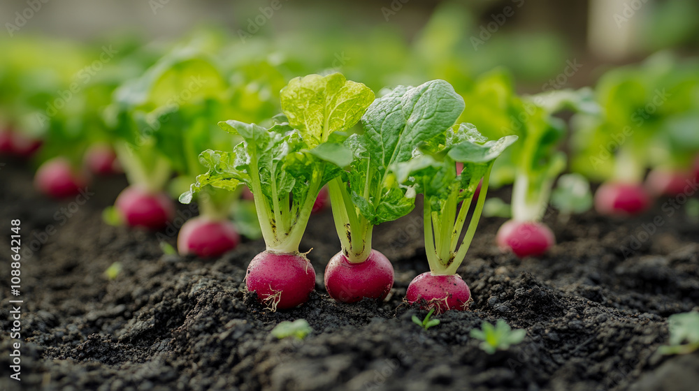 Rows of vibrant radishes stand proudly in moist soil, showcasing their lush green tops in a thriving garden during a sunny spring day Rows of vibrant radishes stand proudly in moist soil, showcasing their lush green tops in a thriving garden during a sunny spring day