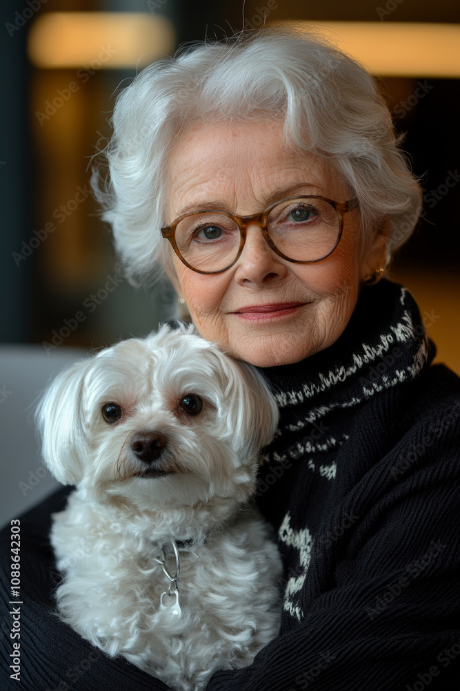 An elderly woman in sweater embraces her small white dog, both exuding warmth and companionship in a cozy indoor environment An elderly woman in sweater embraces her small white dog, both exuding warmth and companionship in a cozy indoor environment