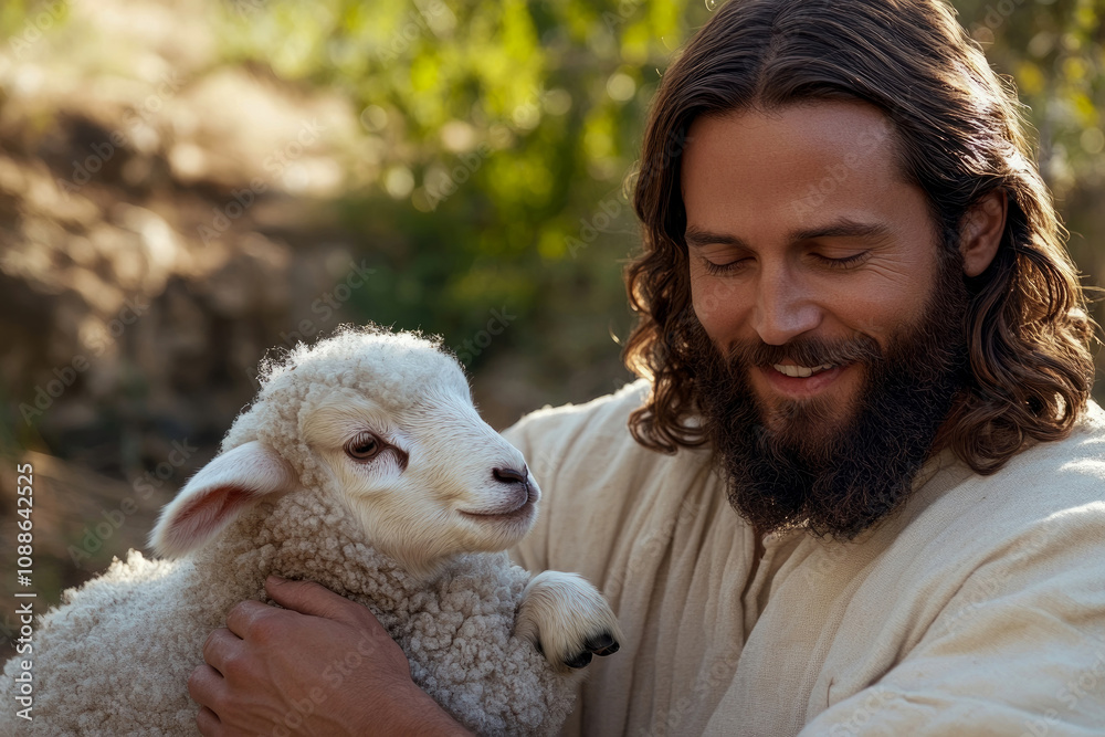 Jesus with long hair and a beard gently cradles a fluffy sheep, sharing a joyful moment in a serene outdoor environment Jesus with long hair and a beard gently cradles a fluffy sheep, sharing a joyful moment in a serene outdoor environment