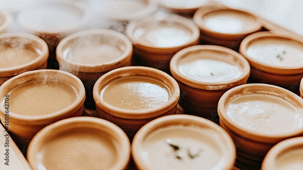 Traditional Clay Cups Filled with Hot Beverages, Steaming, Delicious Varieties of Tea Arranged Neatly on a Wooden Tray for a Cozy and Inviting Setting Traditional Clay Cups Filled with Hot Beverages, Steaming, Delicious Varieties of Tea Arranged Neatly on a Wooden Tray for a Cozy and Inviting Setting