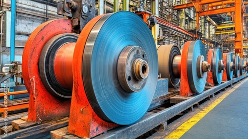 Industrial Equipment and Machinery in a Manufacturing Facility Showcasing Large Steel Coils on a Production Line with a Focus on Precision Engineering and Mechanical Processes