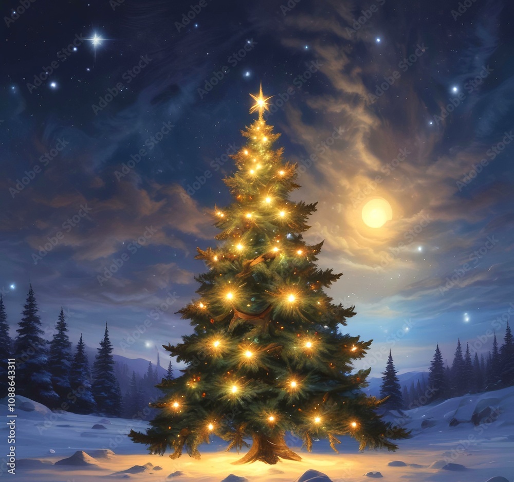 Illustration of Christmas tree with decoration.