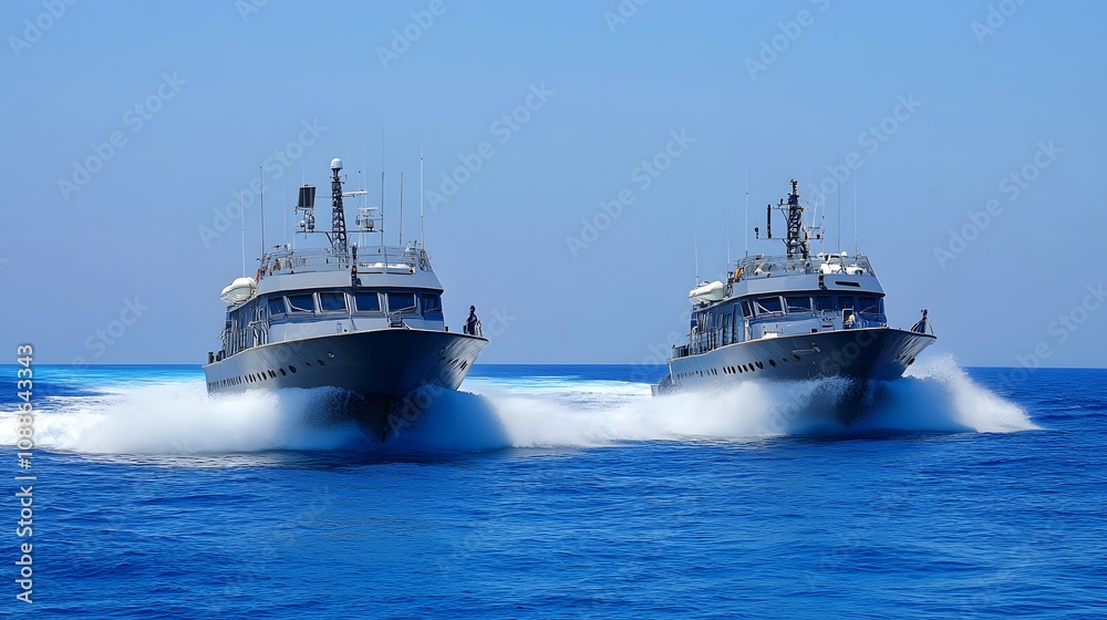 Naval patrol boats cruising through the open sea, maintaining security and vigilance in international waters, symbolizing maritime defense and global cooperation. Naval patrol boats cruising through the open sea, maintaining security and vigilance in international waters, symbolizing maritime defense and global cooperation.