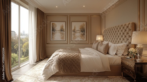 Elegant bedroom with plush bedding and modern decor overlooking a tranquil outdoor view