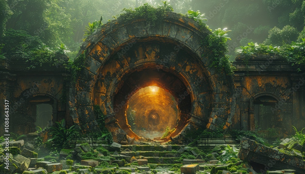 Ancient Stone Archway Leading Through a Lush, Misty Forest Ancient Stone Archway Leading Through a Lush, Misty Forest