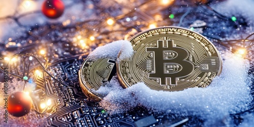 Bitcoin Festive New Year Concept. Metallic Bitcoin emblems embedded in snow-covered circuits, surrounded by festive lights. 