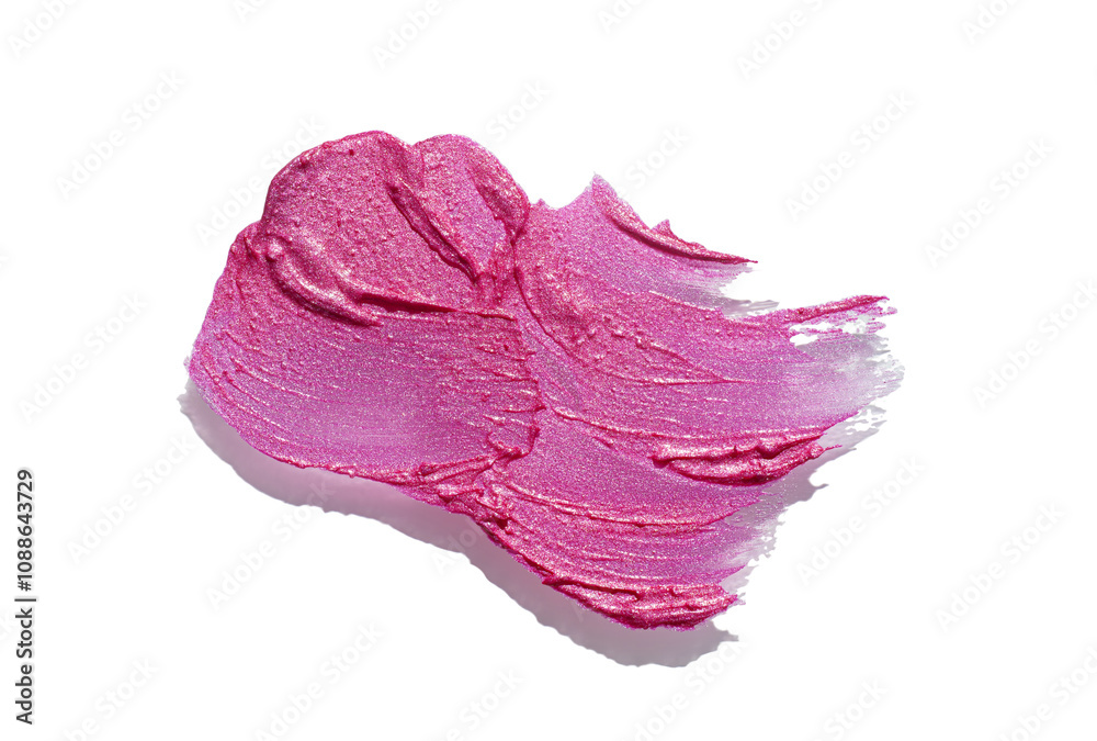 Fototapeta premium Metallic glitter fuchsia lip gloss or lipstick sample swatch isolated on white