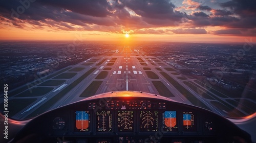 Airplane cockpit view landing on runway at sunset. photo