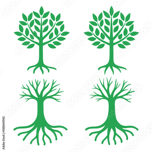 Tree with roots doodle line art vector illustration set