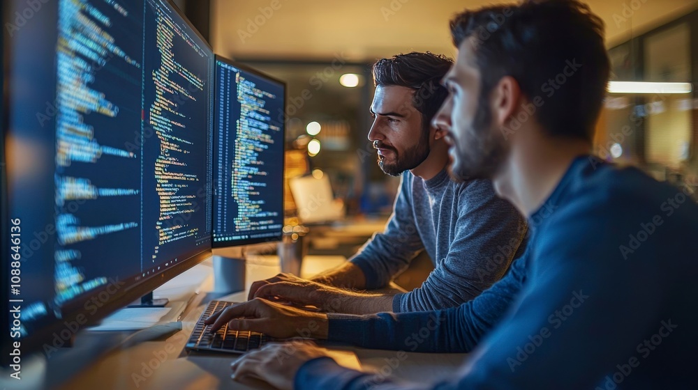 In a well-lit modern setting, two developers intensely collaborate, showcasing their expertise in coding and the importance of teamwork in software development. In a well-lit modern setting, two developers intensely collaborate, showcasing their expertise in coding and the importance of teamwork in software development.